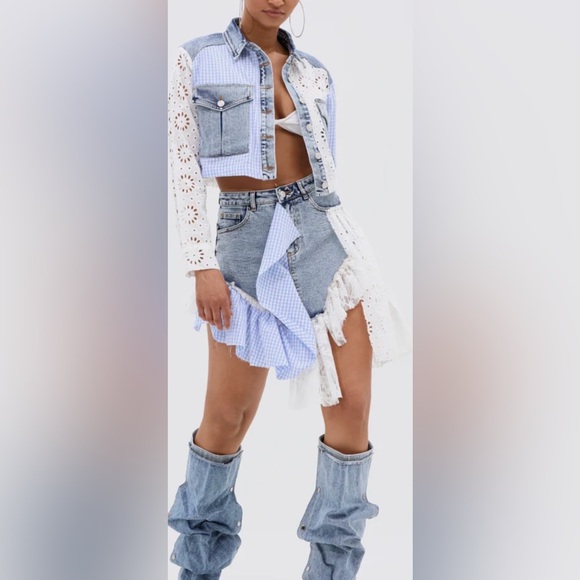 AKIRA Dresses & Skirts - NWT AKIRA Denim and lace poplin mini Skirt and shirt jacket set size M/L